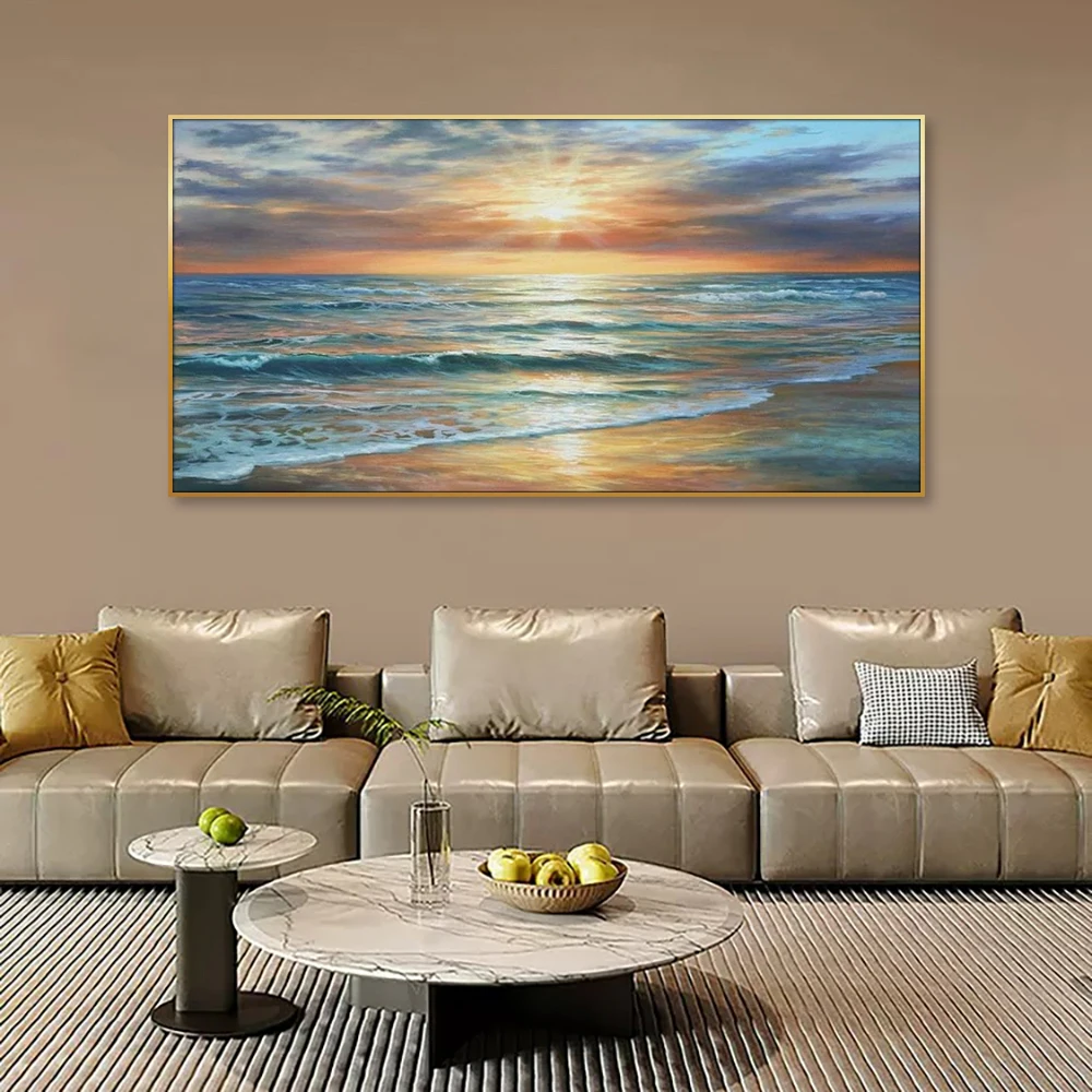 Sunset Ocean Beach Oil Painting Wall Art Natural Seascape Poster Stretched Framed Canvas Print for Home Living Room Decor
