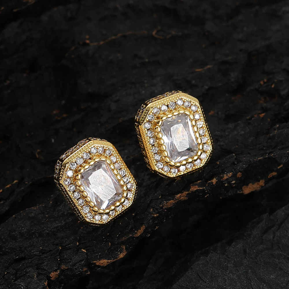 Minimalist Hip Hop Iced Out CZ Stone Rectangle Stud Earrings Rhodium Plated Zircon Crystal Square Earring For Women Men Jewelry