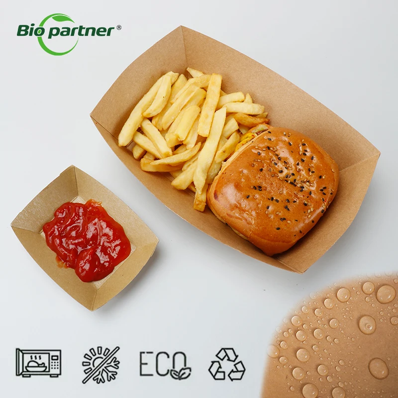 OEM Logo Kraft Brown Food Trays Disposable Fast Food Chicken Salad Holder Container Disposable for Hot Dog Nacho