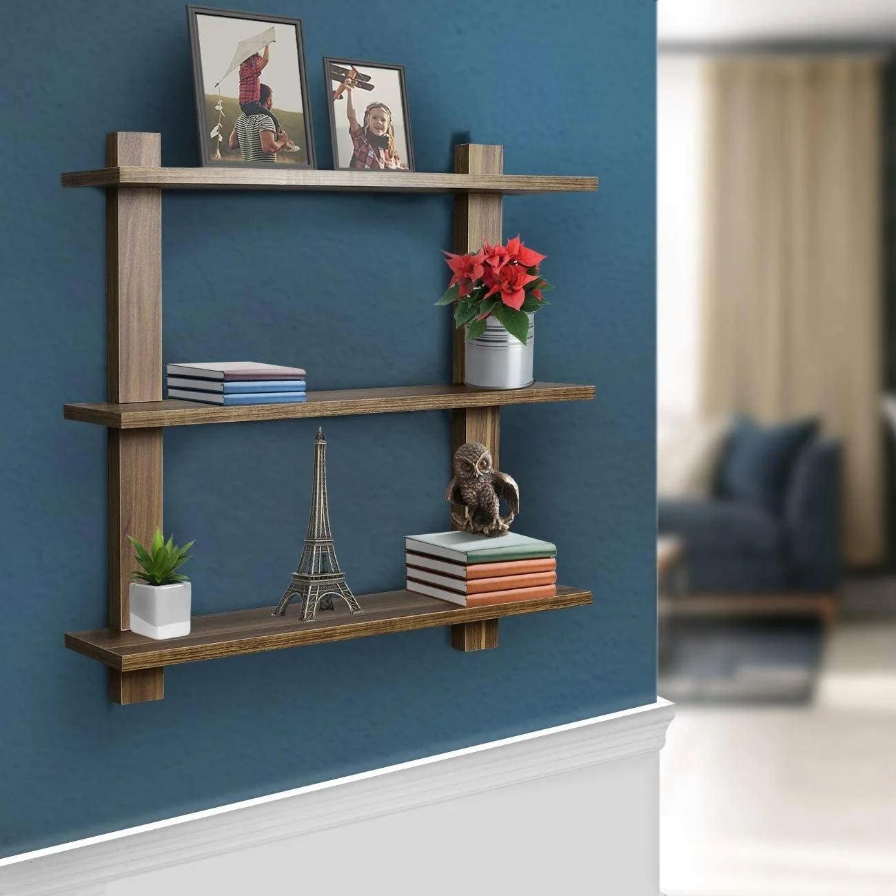 3 Tier Walnut Floating Shelf Asymmetric Square Wall Shelf Decorative Hanging Display Wall Mounted Hanging Shelf