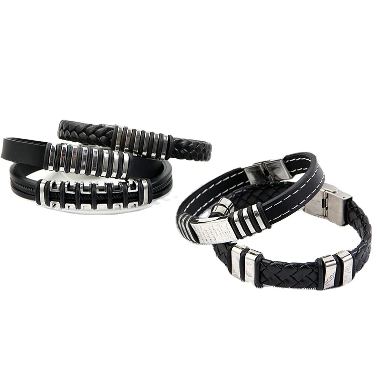 Custom Stainless Steel Leather Cuff Wrapped Bracelet Jewelry 2021 fashion Women Leather Bracelet Men Leather Bracelet for Lady