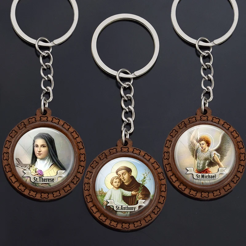 Christian Wooden Trinket 12 Saint Glass Cabochon Keychain Saint Therese Keyring Saint Anthony Pendant Religious Jewelry