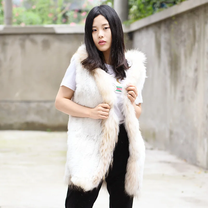 CX-G-B-69C Raccoon Fur Trim Autumn Knitted Real Rabbit Fur Hooded Vest for Women