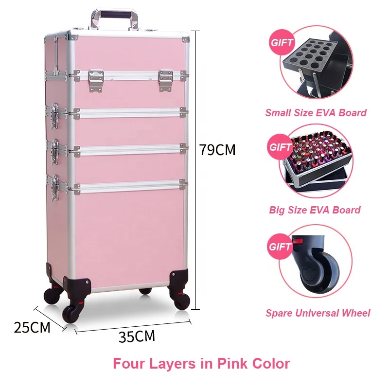 Yaeshii 4 in 1 Aluminum Rolling Cosmetic Makeup Train Cases Trolley Professional Artist Train Case Organizer Box