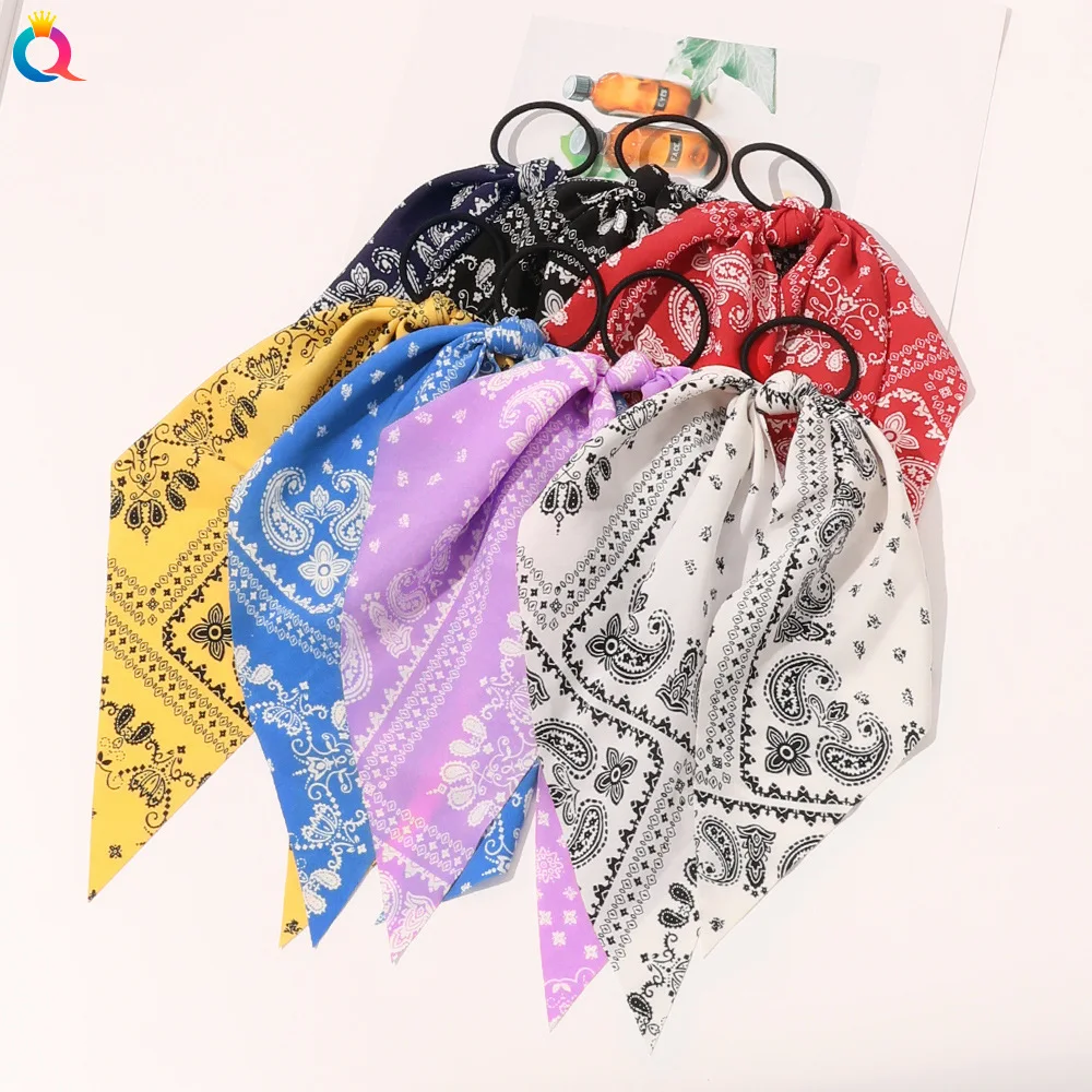 black hair tie elastic band with floral ribbon fabric cloth  woman girl hair accessories