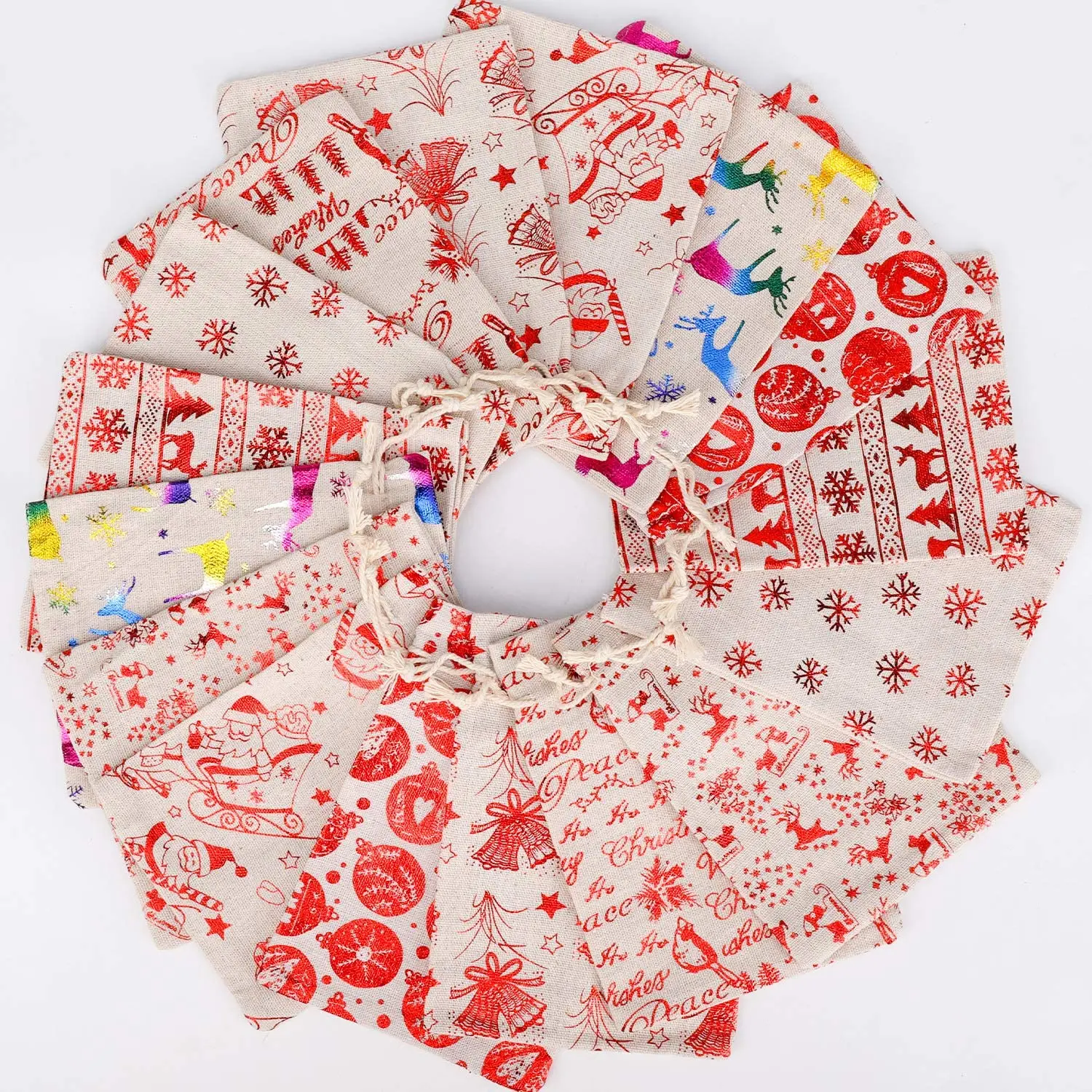 Metallic Christmas Drawstring Gift Bags Burlap Bronzing Gift Pouch linen Bag Treat Goody Bags for Candy Wrapper