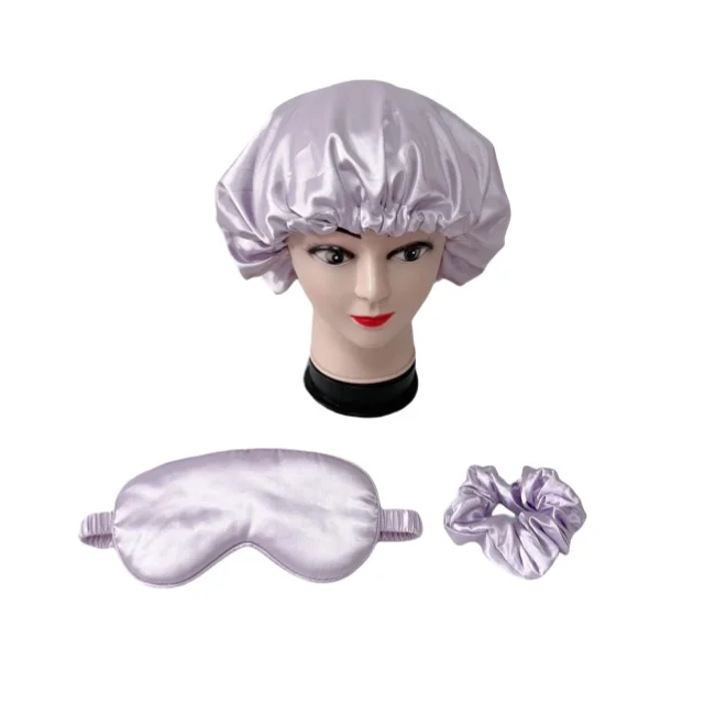 Double-layer satin turban hat silk sleeping cap hair loss hair care cap large intestine eye mask plus hair ring set