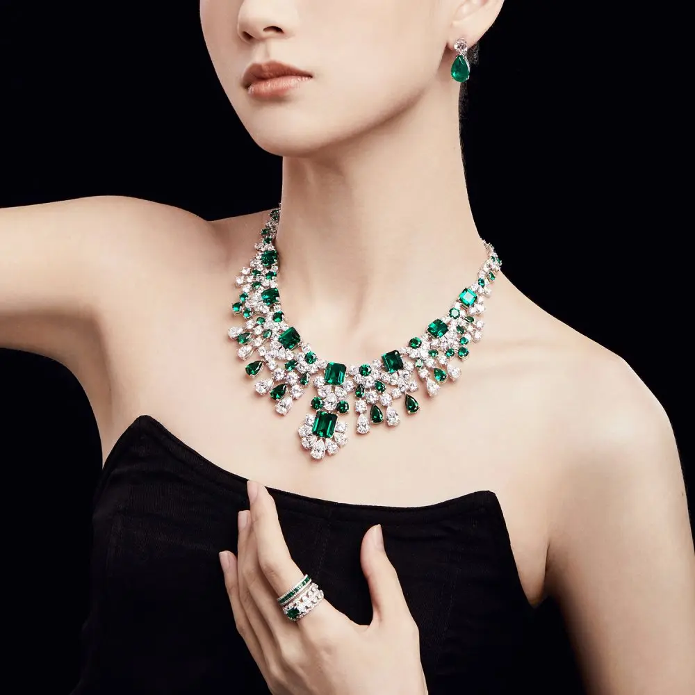 Emerald S925 Sterling Silver Custom Cz Cubic Zirconia Stone Tennis Necklace Designs Big Diamond Necklaces For Women Bride Gift