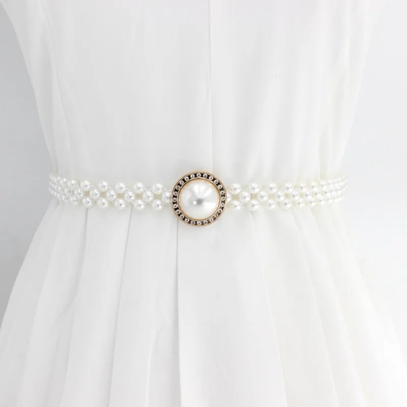 Lady Rhinestone Pearl Waist Chain Fashion Dress Decorate High Elastic Belt Female Sweet Flower Waistband