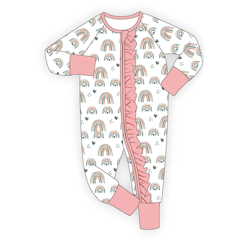 Professional Wholesale Price Custom Infant Baby Girl Romper Jumpsuit with Long Sleeve Ruffles 95% Bamboo and 5% Spandex 2Zippers