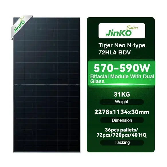 Jinko Solar N-Type Solar Panel 144 Cells 565W-585W PV Module Solar System 580W Efficiency HJT Type 450W Max Power 570W Glass