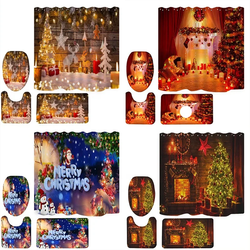 Bindi Wholesale Custom Pattern 180*180CM 3D Digital Printed Waterproof Christmas Snowman 4pcs Bathroom Shower Curtain