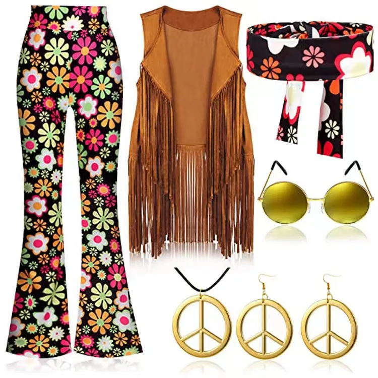 Halloween Hippie Accessories 70s Costume Outfits Fringe Vest 60s Decades Clothes Pants Hippy Glasses Headbands Flower Crown