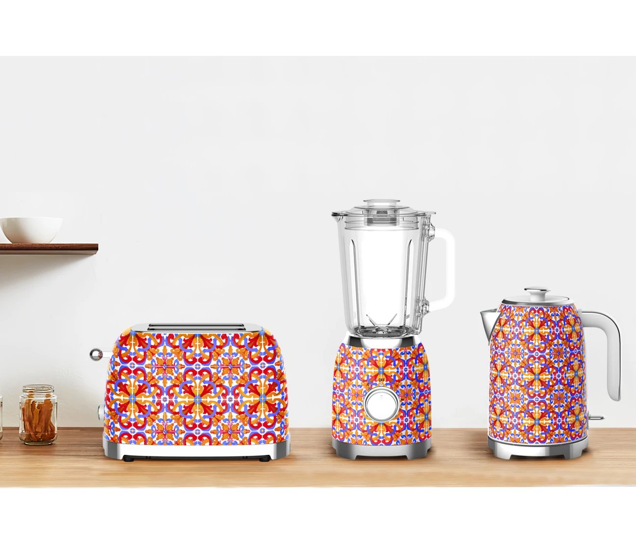 New Decal Sets Kitchen Appliance Stainless Steel Electric Retro Glass Blender Kettle and Toaster Set
