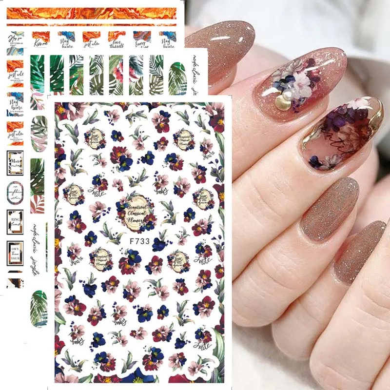 New nail art sticker spring and summer colorful flowers and green leaves designers nail art stickers decal
