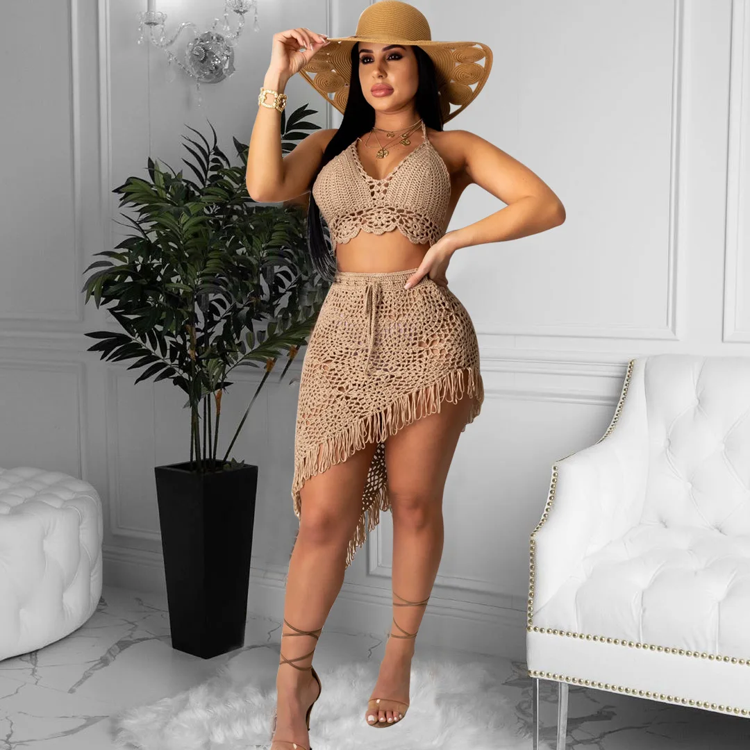 3pcs Bikini Set Woman Crochet Shell Tassel Bikini Top and Seashell Ankle Chain Sexy Beach Skirt Lace See Through Slim Mini Skirt