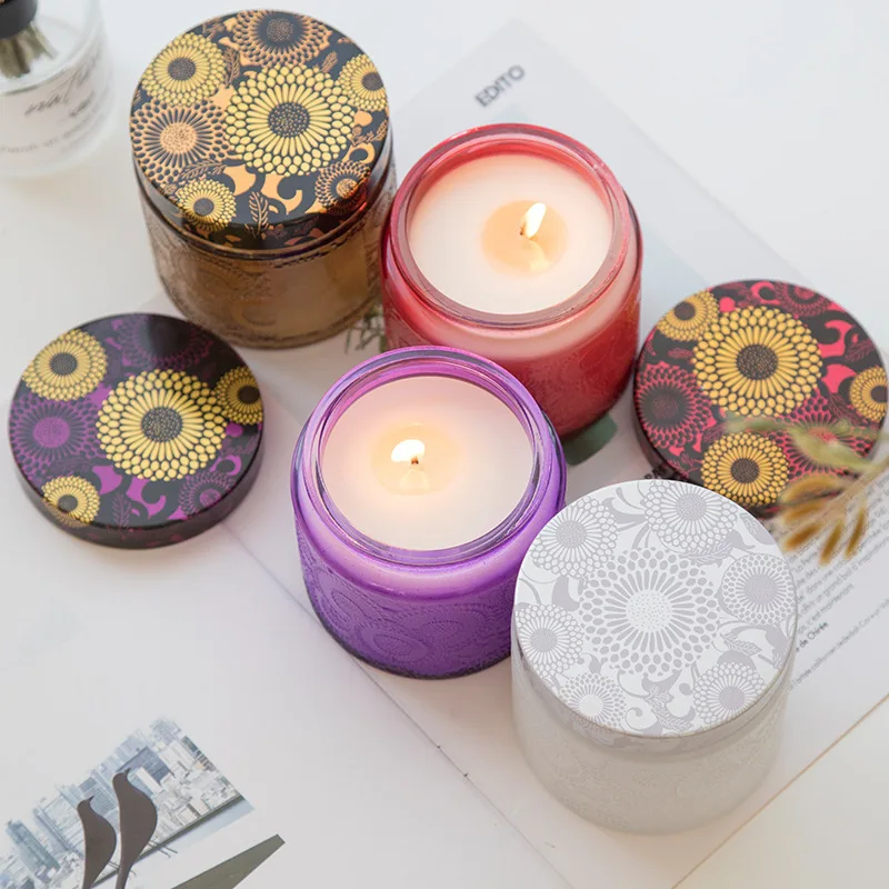 2023 New Unique Mini Recycle Color Embossed Pattern Glass Jar Candle For Home Decoration