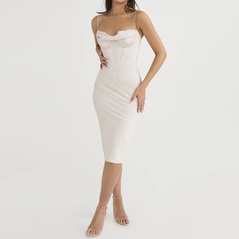 Custom Elegant Sexy Lady Satin Silk Midi Dress Cowl Neck Slip Corset Dress For Women