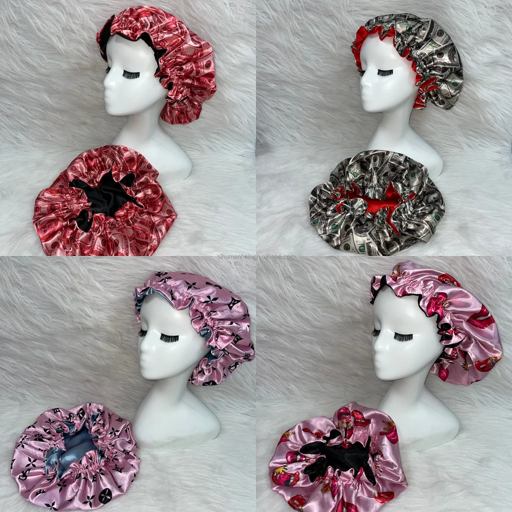 reversible  100% silk newest style with luxury lfancy pattern logo  hair bonnets Satin designer bonnet
