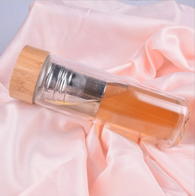 Eco bamboo lid private label insulated double wall glass water bottle with stainless steel tea infuser