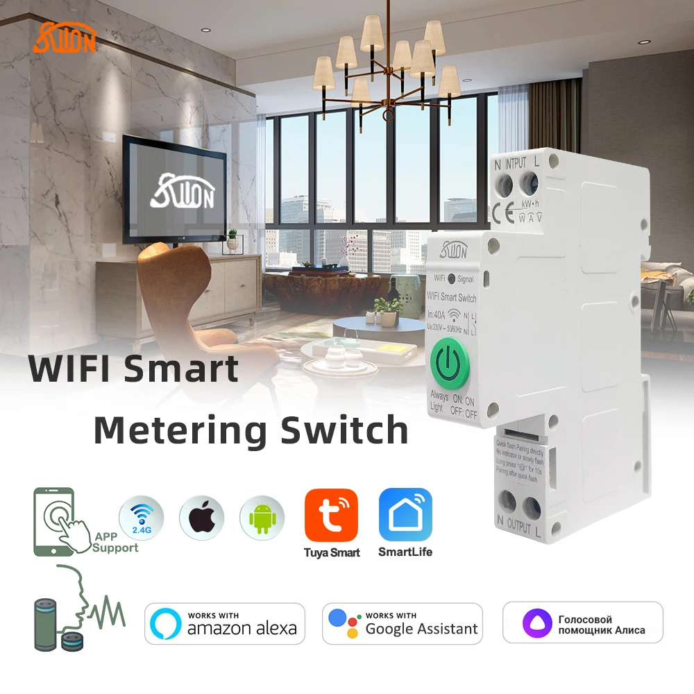 Умный выключатель TUYA 1P + N с Wi-Fi smartlife 40A измеритель энергии кВтч автоматический реле