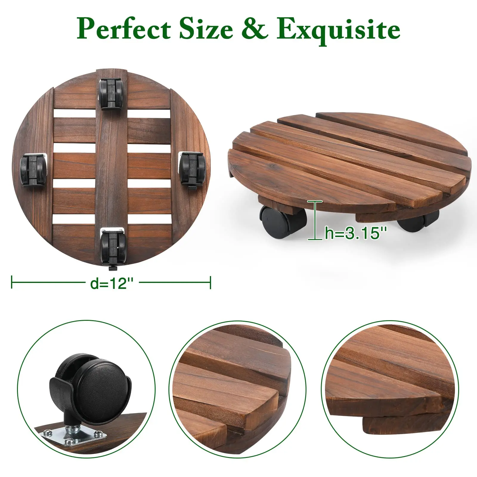 Plant Caddy with Lockable Wheels, Rolling Plant Stand 12 Inch Wooden, Plant Roller Base 150 lb Heavy Duty, 2 Packs Plant Dolly