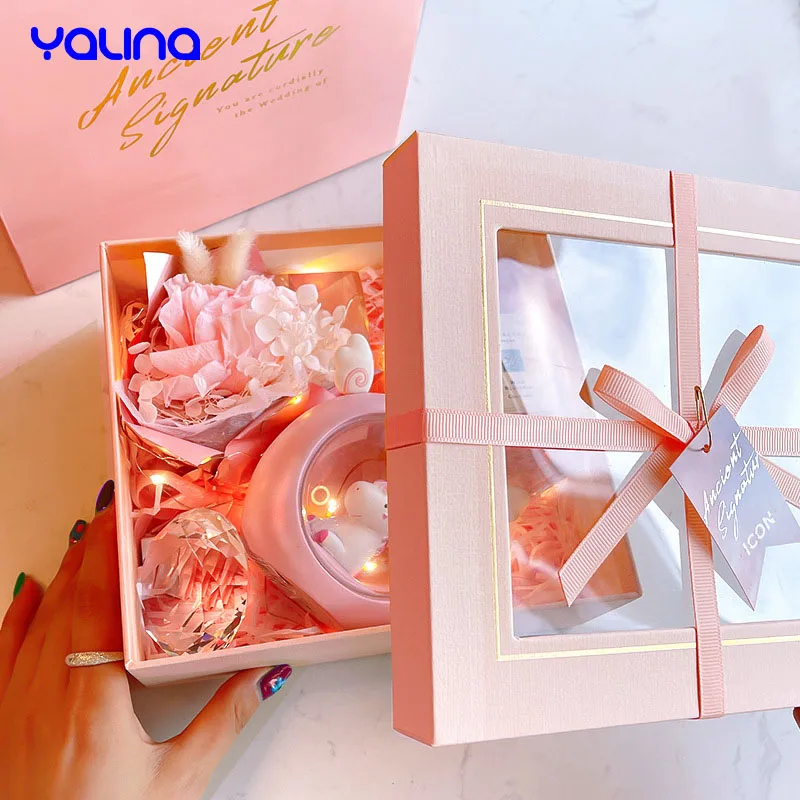 Wholesale Custom Luxury Transparent Llid and Base Gift Cardboard Box with Ribbon and Clear Window