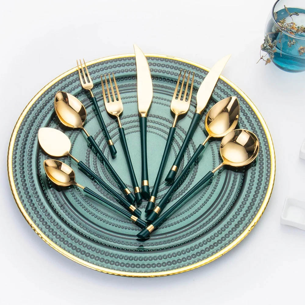 Wedding Plating green Handle Gold Flatware Sets Knife Fork And Spoon green and gold cutlery set manufacturers Flatware Cutlery