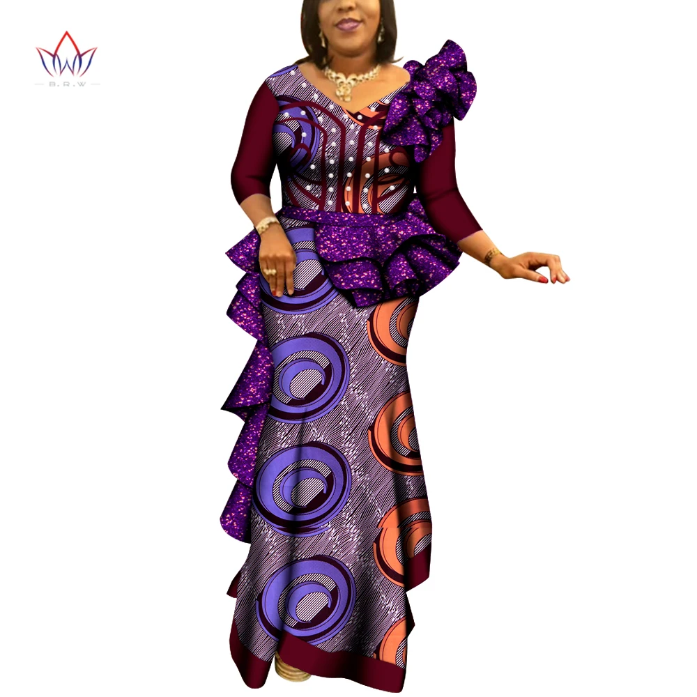 Африканское женское платье базин богатая африканская одежда Свадебная вечеринка платье подружки невесты с жемчужинами с V-образным вырезом Африканский принт платье большого размера WY6726