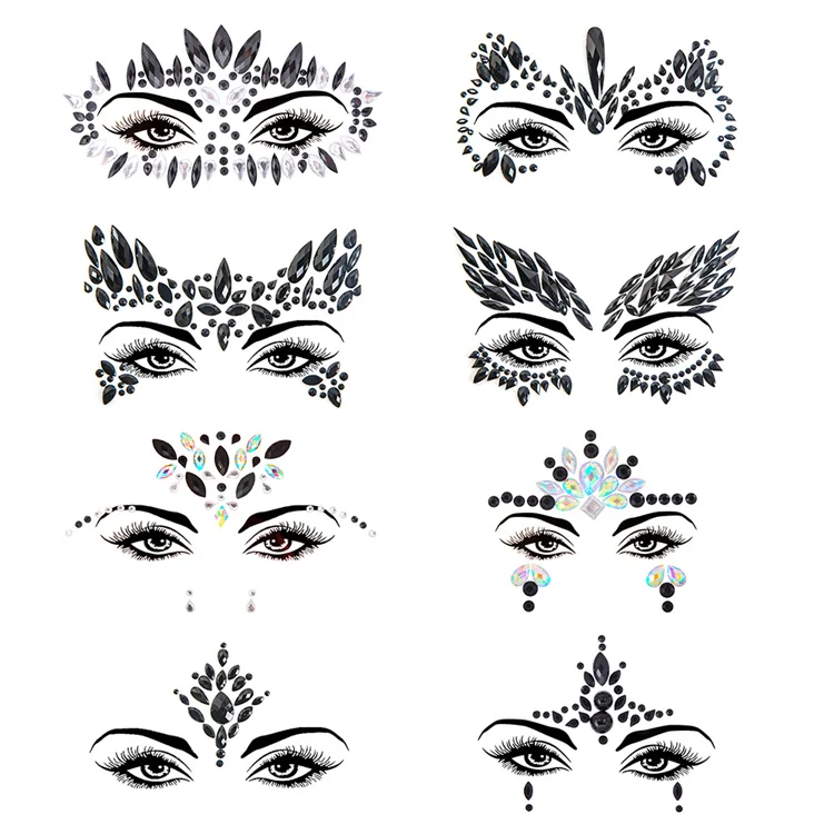 Hisenlee Black Rhinestone Face Jewels Tattoo Body Stickers Crystal Tears Gem Stones Self-Adhesive Temporary Stickers
