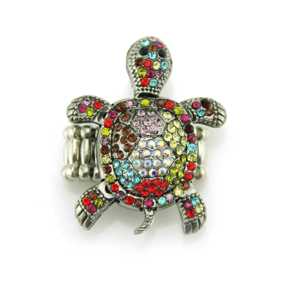 Wholesale Retro Adjustable Zinc Alloy Colorful  Animal Tortoise Crystal Rhinestone Elastic Ring