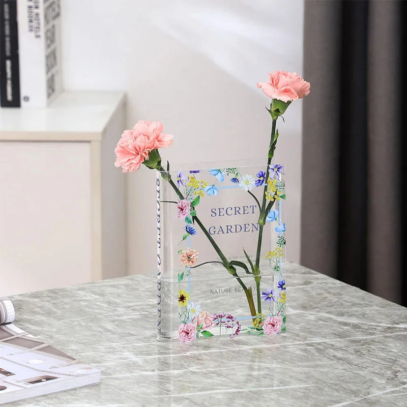 Hot Sale Modern Design Transparent Clear Acrylic Book Vase for Flowers Bookshelf Bookcase Decor for Bedroom Desk for Weddings