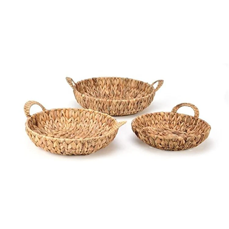 Set of 3 Water Hyacinth Basket Bin Round Hyacinth Baskets with Handles