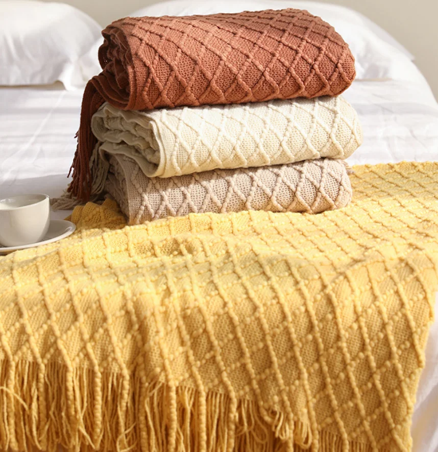 High Quality Acrylic Textured Solid Decorative Throw Lightweight Knitted Blanket For Bed And Sofa