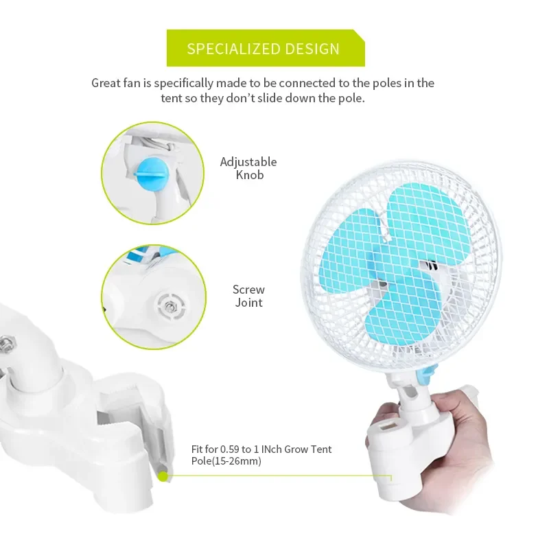 Factory Price Hydroponic 6inch ec motor Black Oscillating Clip Fan on Tent Pole for Grow Tent Planting