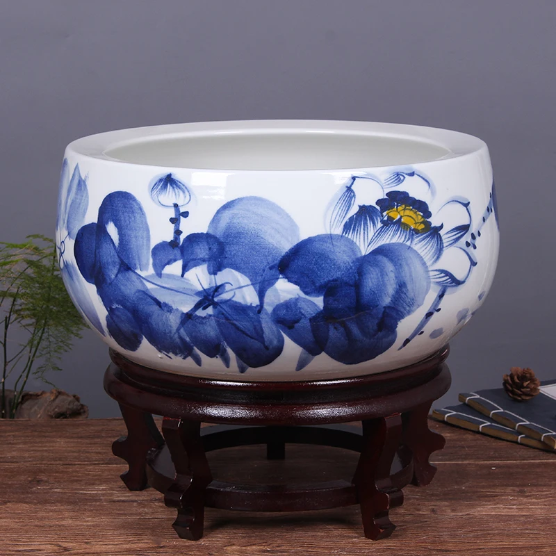 Jingdezhen Color Glaze Kiln Green Freehand Lotus Fish Pattern Wax Gourd Tank Planter Pot