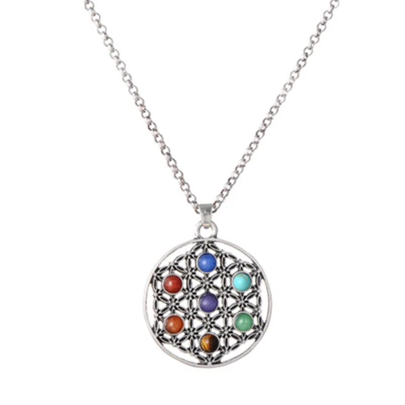 7 Chakra Necklace Ancient Silver Galvanised Alloy Pendant Necklace 4mm Natural Stone Chakra Necklace Jewelry