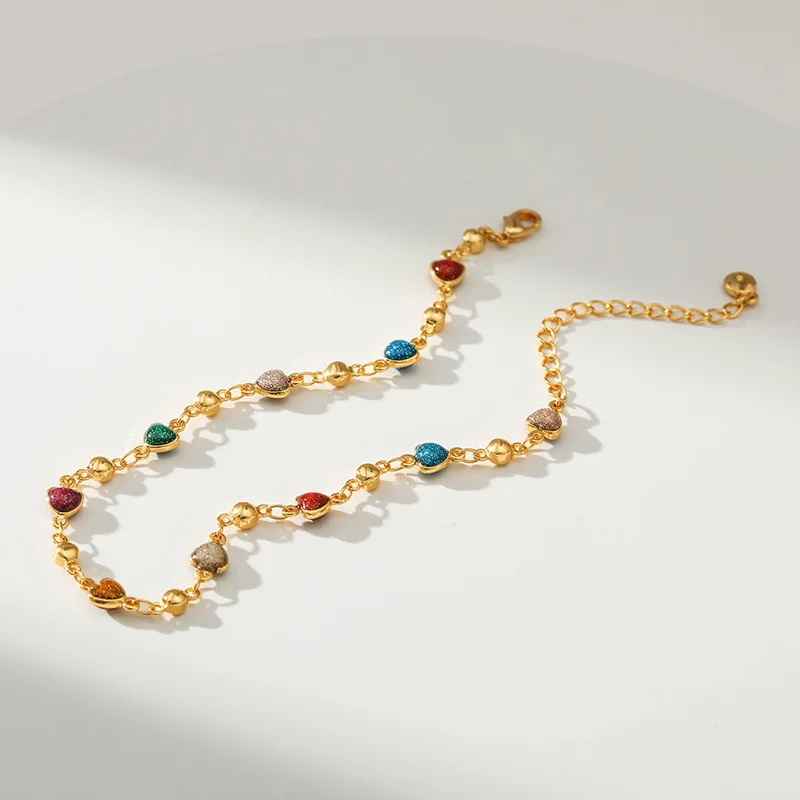 Newest Rainbow Color Heart Anklet Women 18k Gold Plated Enamel Heart Ankle Bracelet Foot Chain