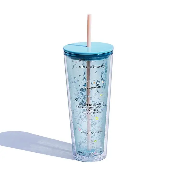 720ml Double Wall Plastic Straw Tumbler Cups Wholesale, Cold Drink Water 24 oz Reusable Acrylic Glitter Tumbler Cups With Straw