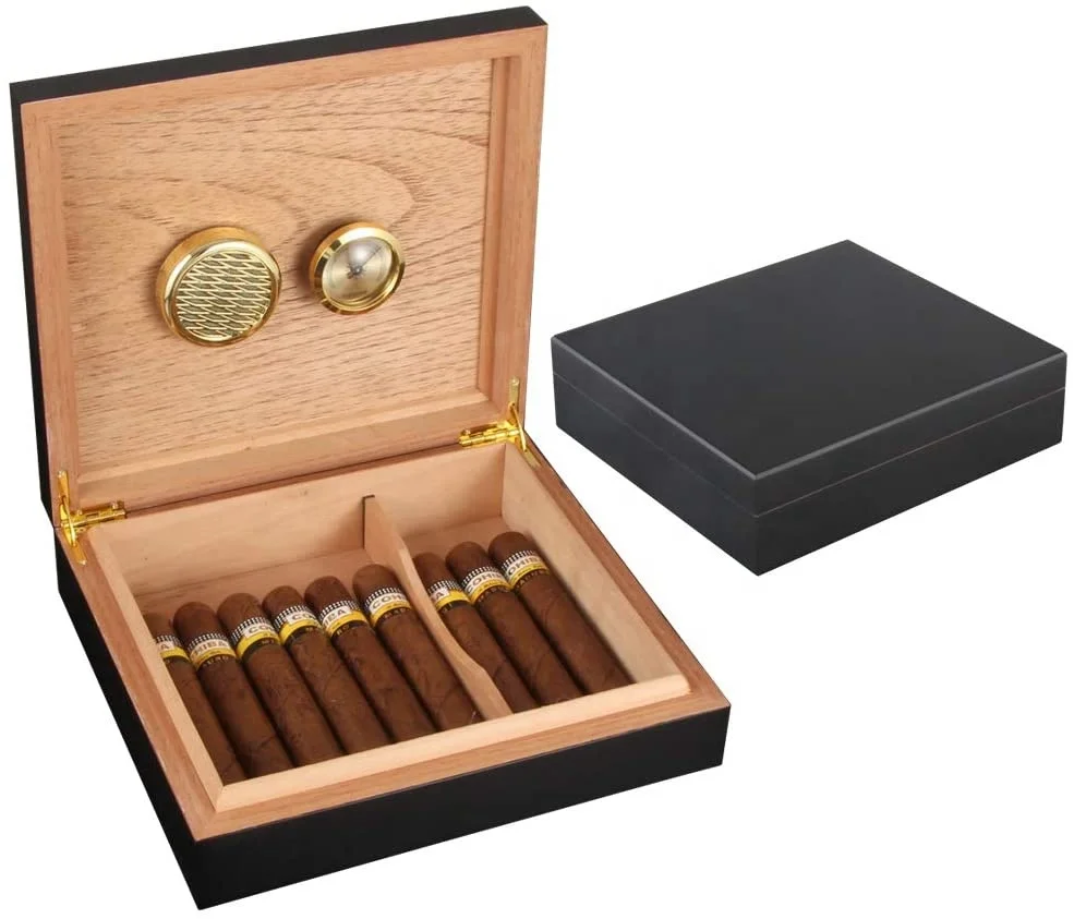 Black Desktop Cigar Humidor Box Humidifier Hygrometer Cedar Lined Holds cigarette case to 20-30 Cigars Box