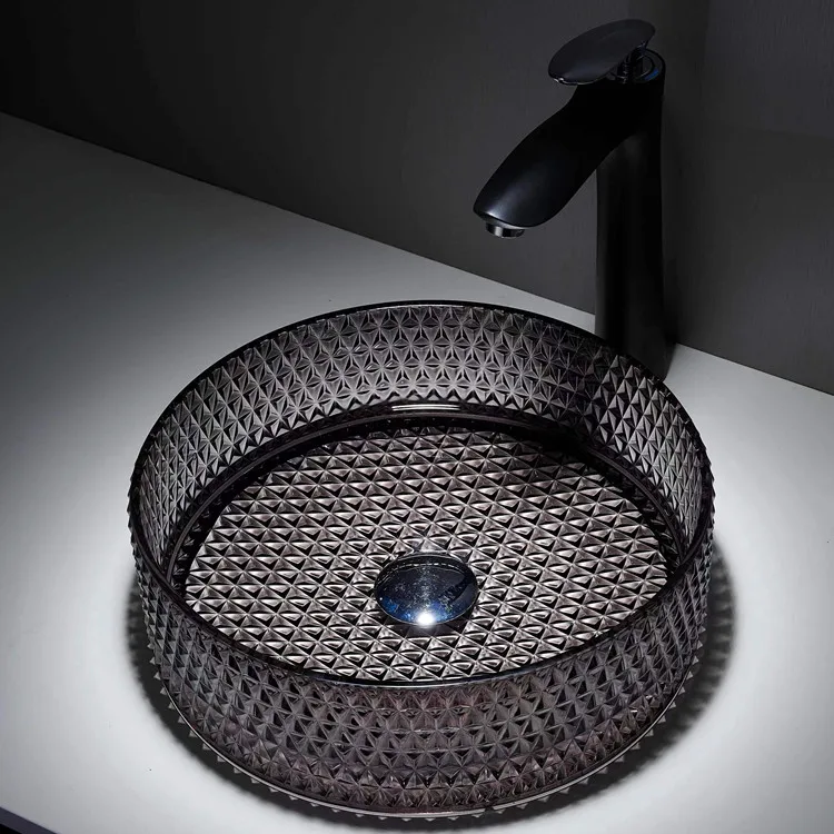 HY-7016B-G Black luxury art basin tempered glass sanitary ware round sink for bathroom