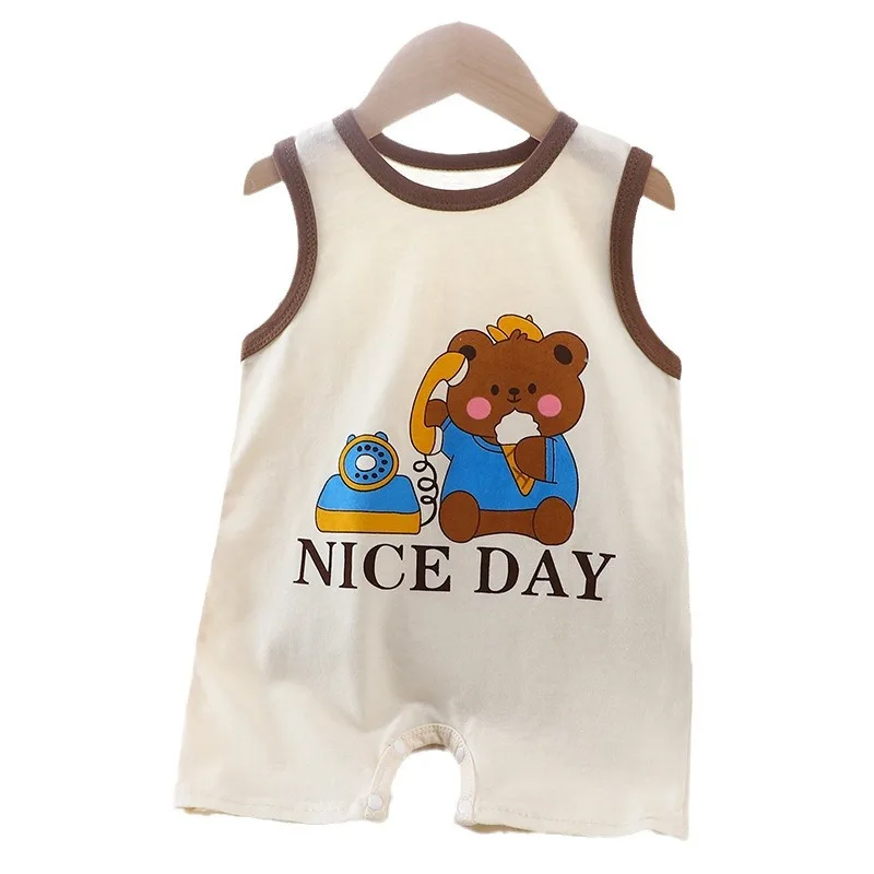 0-1Hot Sell Summer Baby Korean Version Fashion Romper Baby Cartoon Print Cute Cotton Romper Baby Sleeveless Button Thin Jumpsuit
