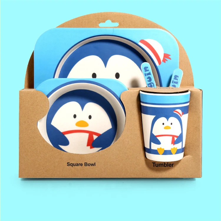 16 Design 5pcs/set Baby Bamboo Bowl Spoon Fork Feeding Tableware Set Cartoon Animal Bee Kid Dishes Feeding Bowl Dinner Plate