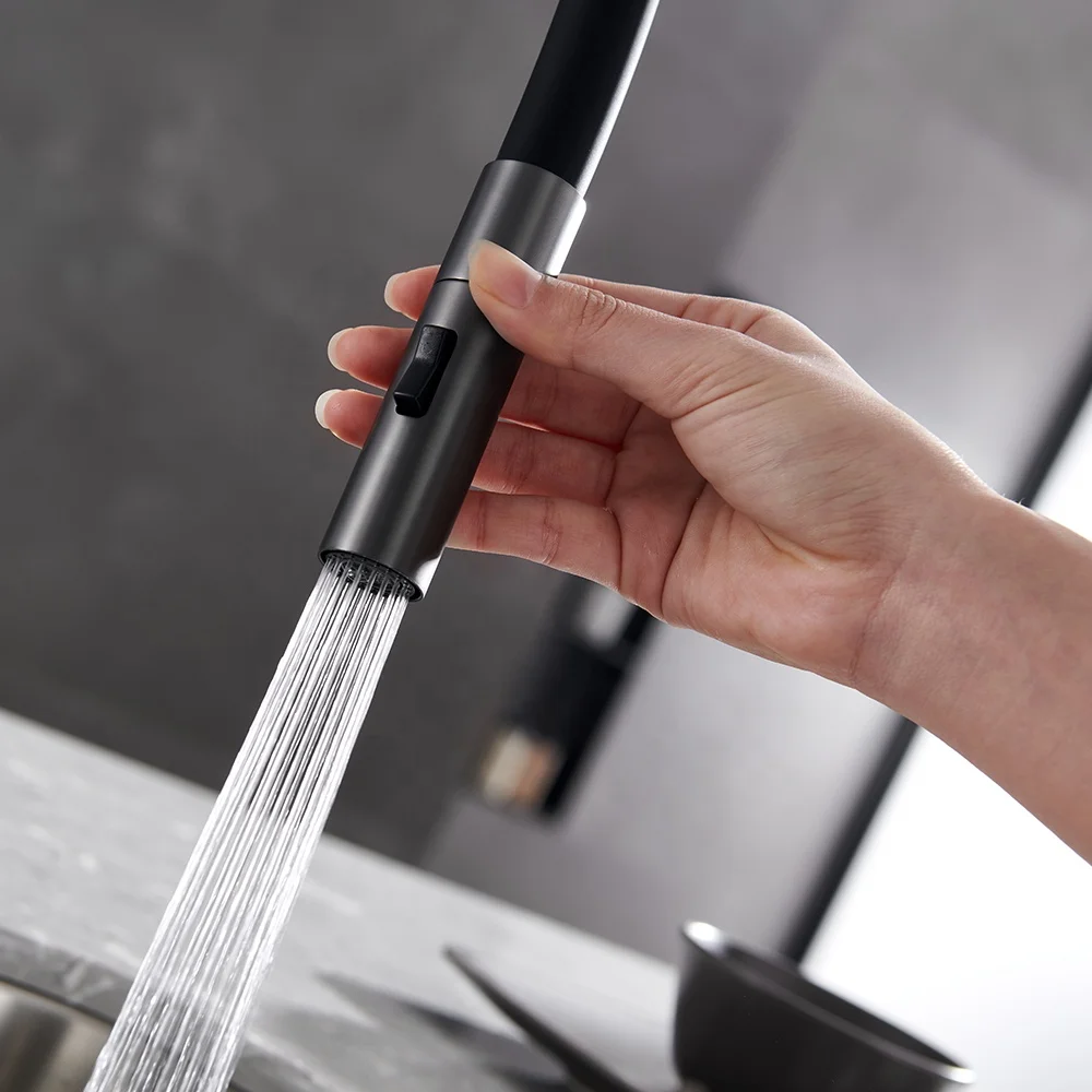 Contemporary lead free copper cool brushed gun grey color 2 way cold and hot water pull out kitchen sink mixer faucet