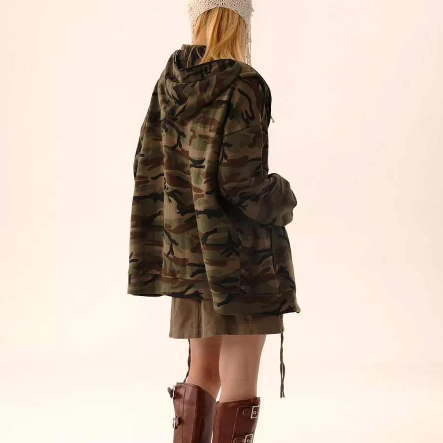 Vintage Streetwear Unisex Camouflage Hoodie Custom 100% Cotton Oversized Men Women Camouflage Zip Up Hoodie