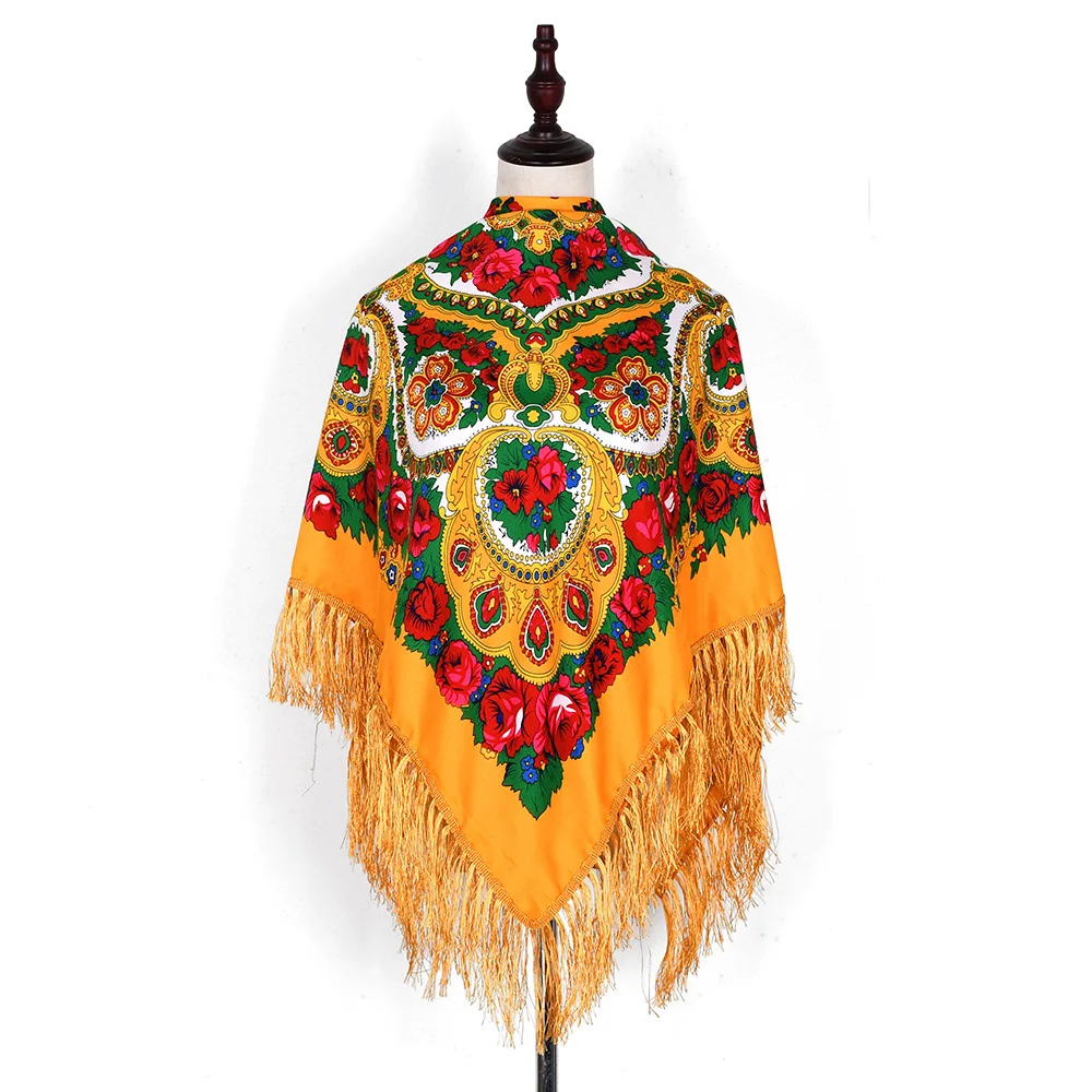 GEERDENG New Arrival Soft Polyester Muffler Square Bandana with Tassel Fringes Ethic Warm Wrap Shawl Stole Russian Flower Scarf