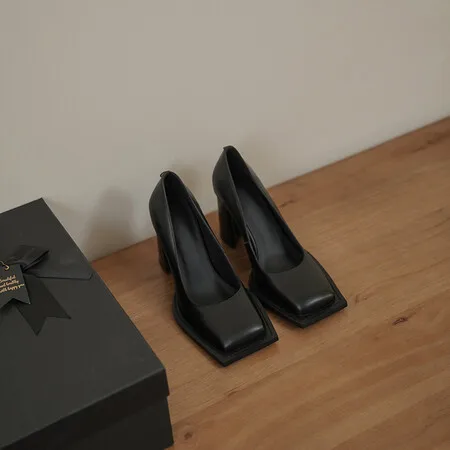 XINZI RAIN Spring New Ladies Block Heels Shoes Fashion Square Toe Black Real Leather 8.5cm Heel Women Chunky Heel Pumps