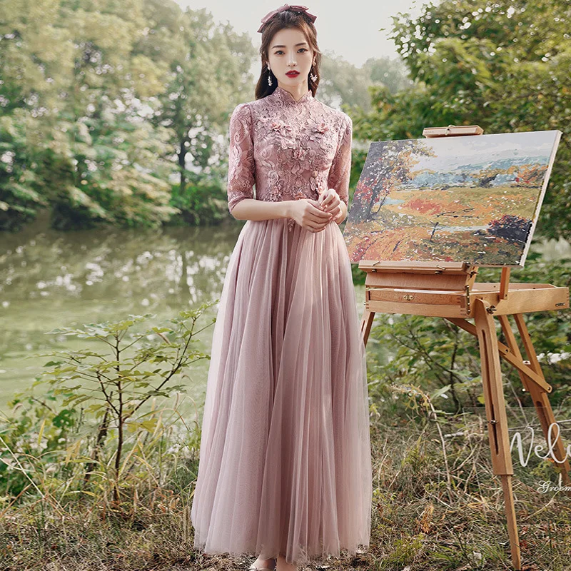 Xuya Senior Long-sleeved Pink Bridesmaid Dress Slim Sisters Group Dress Skirt For Women