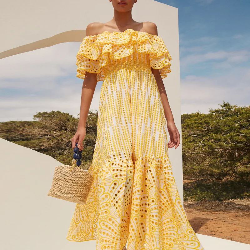 2023 Summer Fancy White Dresses High Quality Off Shoulder White Maxi Ruffled Dress