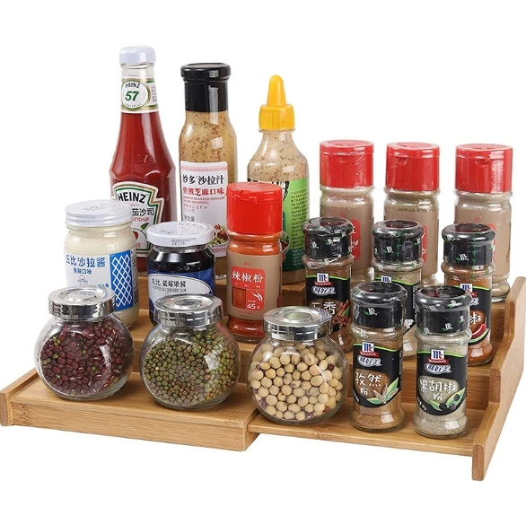 Cheapest  3-Tier Expandable Bamboo bottle Rack Step Shelf Organizer spice rack for kitchen
